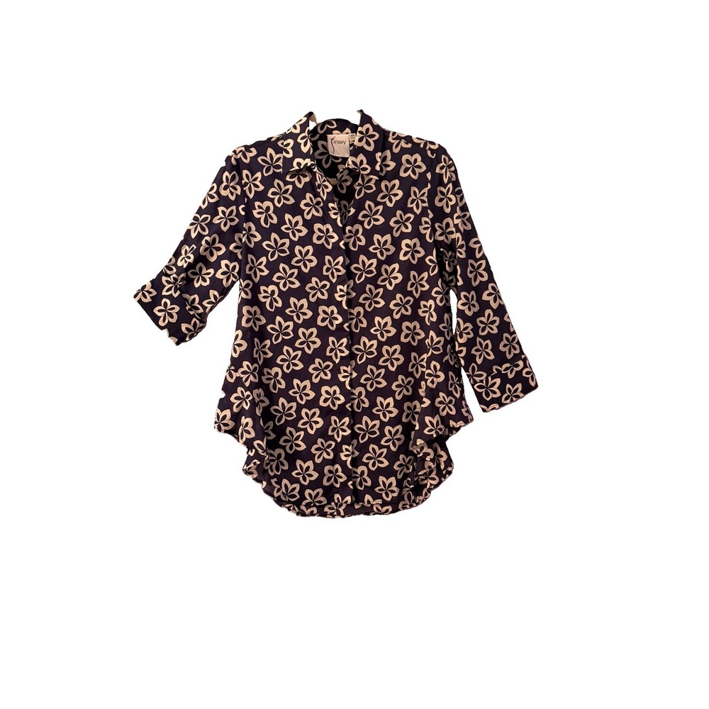Finley Cotton Button Up Shirt Womens XS Ruffle Roll Tab Floral Cottage Preppy